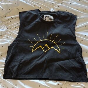 Zyia Black Tank Top with Gold Sun Graphic